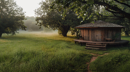 Dew-kissed morning, showcasing the rustic charm of the circular wooden dwelling.
