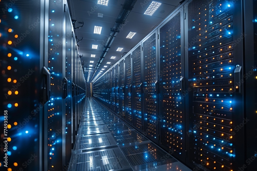 Poster secure server networking in a datacenter corridor with big racks, ensuring global connectivity and c