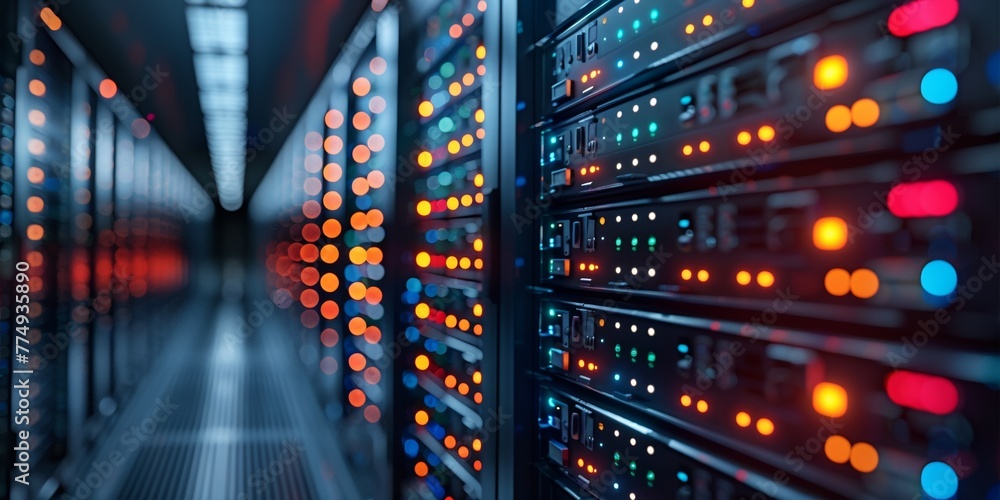 Poster in the datacenter corridor, servers ensure secure networking for computing, web hosting, and databas