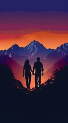 silhouette of man and woman holding hands, view over mountains at sunrise
