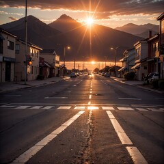 Street with sunset in the background parking, high shutter speed, low focus, sun beam hits the camera and reflects off the road, low angle