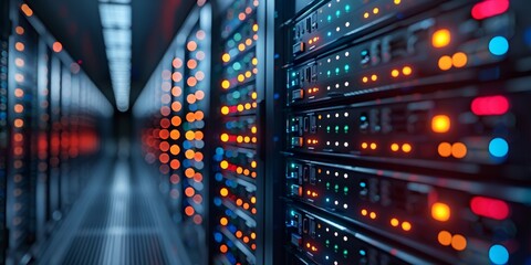 In the datacenter corridor, servers ensure secure networking for computing, web hosting, and database storage. - obrazy, fototapety, plakaty