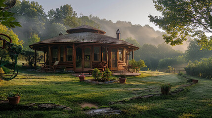 Dew-kissed morning, showcasing the rustic charm of the circular wooden dwelling.