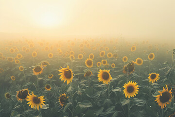 Beautiful sunflower field in a foggy morning during the sunrise