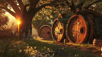 Golden hour, painting the wooden barrel house with a warm, inviting glow.