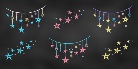 Chalk Drawn Sketch. Hand-drawn Design Element Colorful Star Compositions  Isolated on Chalkboard Backdrop.