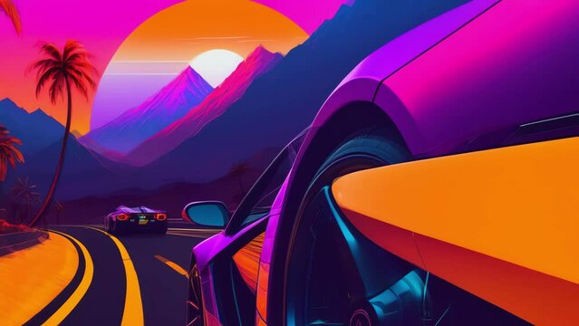 synthwave sunset scenery, a supercar driving down the road on an orange sunset, waves, mountains, palm trees, miami, 80s, summer vibes, golden times