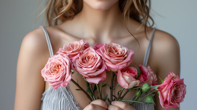 Close-up of a woman holding a bouquet of pink roses, with a soft-focus background.