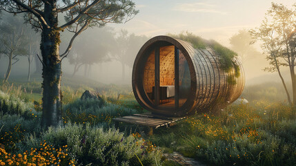 Misty dawn, unveiling the enchanting allure of the barrel-shaped sanctuary.