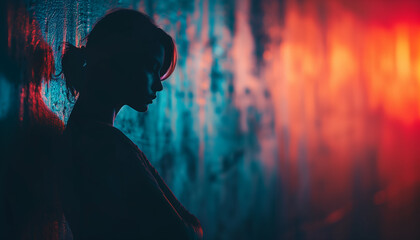 Silhouette of a woman against a moody, neon-lit background with a mysterious vibe, concept for the International Day for the Elimination of Sexual Violence in Conflict