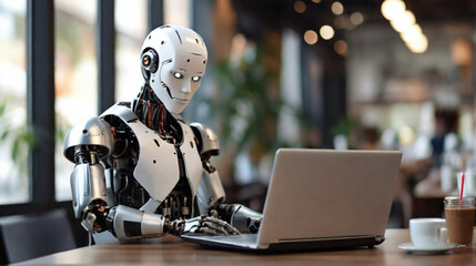 Fototapeta premium A robot that works on a laptop in a modern cafe. The concept of future technologies in the modern world is already among us. Artificial intelligence has been created. 
