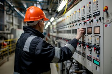 An electrical engineer inspects electrical control systems for equipment. back view. generative ai