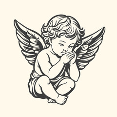 Baby angel praying with wings, Baby child. Vector graphic line art illustration