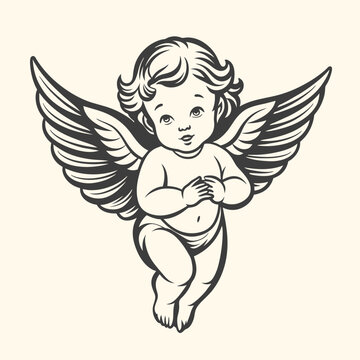 recommend clip art: Baby angel with wings, Baby child. Vector graphic line art illustration