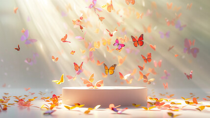 Elegant blank podium for product showcase, enveloped in a swarm of colorful butterflies, symbolizing renewal and vibrancy under the sun's perfect rays