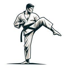 Man taekwondo athlete full body vector illustration, male taekwondo martial art player, kicking attack technique, fight sport. design template isolated on white background