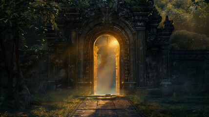 Majestic 3D doorway at the heart of an enchanted castle, aglow with mystery
