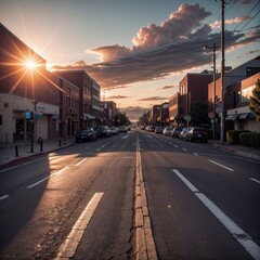 Street with sunset in the background parking, high shutter speed, low focus, sun beam hits the camera and reflects off the road, low angle - obrazy, fototapety, plakaty