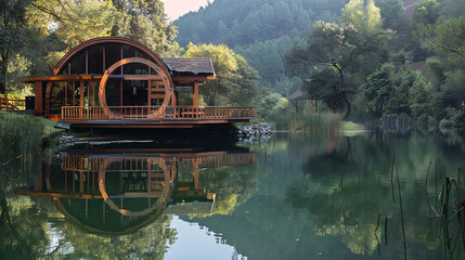Tranquil lake reflecting the rustic beauty of the circular wooden retreat.
