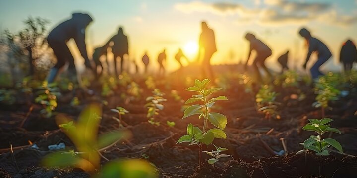 Local residents plant trees together to fight climate change and enhance air quality in their community. Concept Community Engagement, Tree Planting, Climate Action, Air Quality Improvement