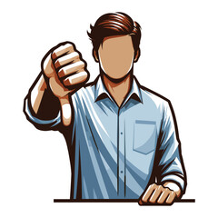 Man showing thumbs down vector illustration, unhappy male gesturing disapproval sign, dislike, disagreement, negative expression. design template isolated on white background