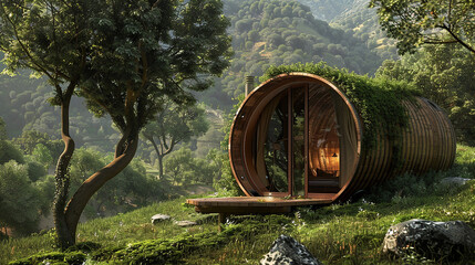 Tucked away in a verdant valley, the barrel abode exudes tranquility.
