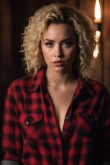 Fototapeta premium Beautiful blonde curly hair girl in a red plaid flannel shirt with cleavage in an old house at night by candlelight. Generative AI
