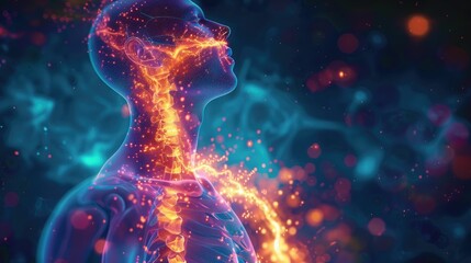 Detailed anatomy illustration of a healthy esophagus in a human body, surrounded by a glowing aura of wellness - obrazy, fototapety, plakaty