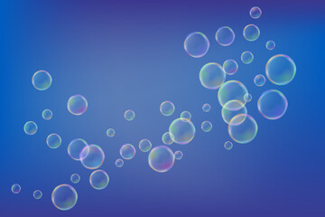 Soap bubbles magic vector illustration. Rainbow soap bubbles in blue summer sky. Childhood fun activity. Children fun activities magic shampoo bubles. Bath or shower vector background. - 774937272