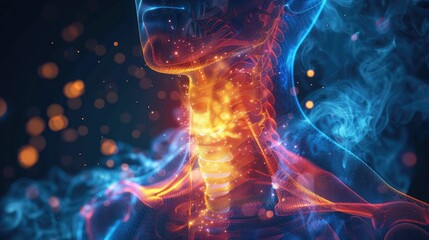 Detailed anatomy illustration of a healthy esophagus in a human body, surrounded by a glowing aura of wellness