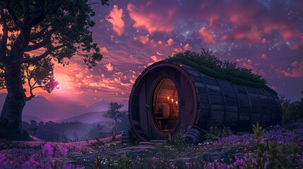 Twilight hues painting the sky, framing the barrel home in ethereal beauty.