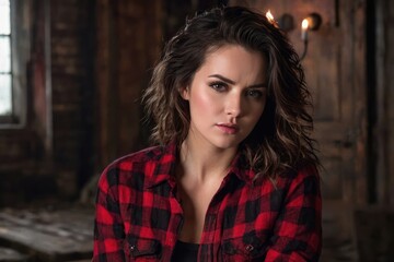 Fototapeta premium A beautiful girl in a red plaid flannel shirt with cleavage in an old house at night by candlelight. Generative AI