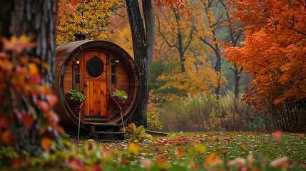 Vibrant autumn foliage adorning the landscape, framing the barrel abode beautifully.