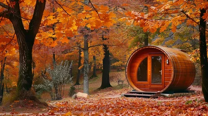 Foto op Plexiglas Vibrant autumn foliage adorning the landscape, framing the barrel abode beautifully. © Abdul
