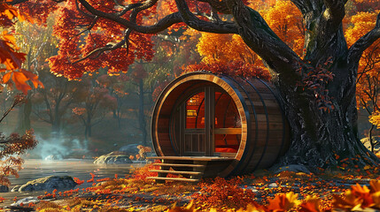 Vibrant autumn foliage adorning the landscape, framing the barrel abode beautifully. - obrazy, fototapety, plakaty