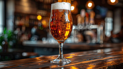 Craft beer in a tall glass on a bar counter with a blurred background. - obrazy, fototapety, plakaty