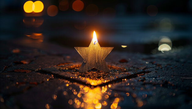 Illuminated star-shaped candle on wet ground with bokeh lights in the background, concept for the International Day of Commemoration in Memory of the Victims of the Holocaust
