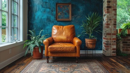 A cozy living room with a well-worn leather armchair positioned against a dark blue accent wall.