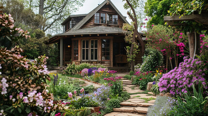 Vibrant spring blooms accentuating the quaint elegance of the circular abode.