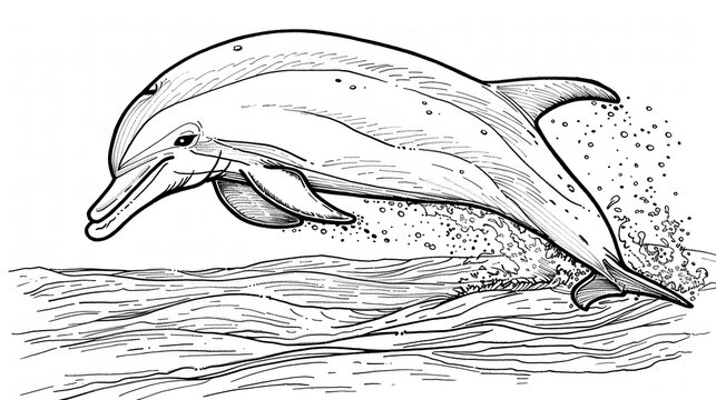 black and white coloring page illustration of a dolphin