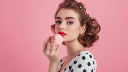 Portrait of a beautiful young pin up girl wearing polka dot dress standing isolated pink color background, showing macaroons professional photography.