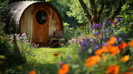 Vibrant wildflowers blooming in the garden, enhancing the barrel abode's allure.