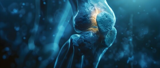 Close-up Image of Arthritic Knee Joint with Tendon Inflammation on Dark Blue Background. Concept Medical Photography, Arthritic Knee Joint, Tendon Inflammation, Dark Blue Background - obrazy, fototapety, plakaty