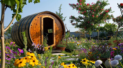 Vibrant wildflowers blooming in the garden, enhancing the barrel abode's allure.