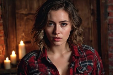 A beautiful girl in a red plaid flannel shirt with cleavage in an old house at night by candlelight. Generative AI - obrazy, fototapety, plakaty