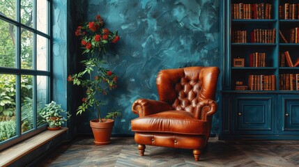 A cozy reading nook featuring a comfortable leather armchair positioned on a dark blue background. - obrazy, fototapety, plakaty