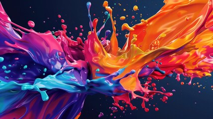 Photo abstract colorful splash 3d background,A vibrant and mesmerizing liquid wave against a blue background ,Splash of Bright Multicolored Paints
