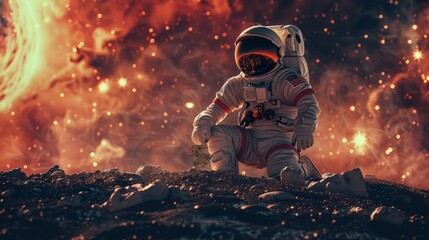 Astronaut in space suit on the background of burning planet. Space exploration concept - obrazy, fototapety, plakaty