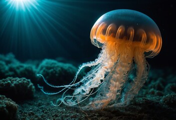 Vibrant Use of Light and Shadow in a RAW Photography of a Robot Human Jellyfish Hybrid - obrazy, fototapety, plakaty