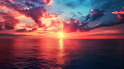 Obraz premium A sunset over the ocean with clouds in front of it, AI